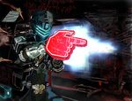  armor dead_space dead_space_2 evangelion0pan foam_finger glowing glowing_eyes helmet isaac_clarke male_focus science_fiction solo 