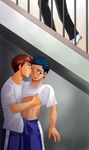  2boys bulge club_z erection gay highres multiple_boys penis shirt_lift staircase stairs yaoi 