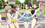  :d absurdres ass barefoot bikini black_eyes black_hair braid brown_hair camcorder competition_swimsuit drill_hair eyewear_on_head goggles hair_bun hair_over_shoulder hanasaku_iroha highres long_hair looking_back magazine_scan matsumae_ohana miyazaki_tsukasa multiple_girls official_art one-piece_swimsuit one_eye_closed open_mouth oshimizu_nako polka_dot polka_dot_bikini polka_dot_swimsuit pool scan short_hair side-tie_bikini smile sunglasses swimsuit tsurugi_minko twin_braids wakura_yuina 