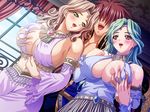  1boy 2girls blonde_hair blush breast_grab breasts cleavage dancer erect_nipples game_cg grabbing green_hair huge_breasts jewelry kyonyuu_fantasy large_breasts lots_of_jewelry multiple_girls open_mouth ryuuto_henge sandwiched waffle 