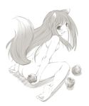  animal_ears apple barefoot blush fangs feet food fruit highres holding holding_food holding_fruit holo kasuga_yukihito kneeling long_hair monochrome nude solo spice_and_wolf tail wolf_ears wolf_tail 