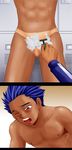  abs blue_eyes blue_hair censored club_z flaccid foam gay highres locker locker_room male male_focus matching_hair/eyes nude penis razor school schoolboy shaving tan tanline tanned yaoi 