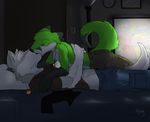  couple fox fur gay green green_fur grey_fur kissing male mammal syynx tail television wolf 