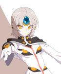  1girl :c buttons elsword eve_(elsword) eyebrows_visible_through_hair eyes_visible_through_hair facial_mark forehead_jewel gloves highres mechanical_ears short_hair silver_hair simple_background xkxh1674 yellow_eyes 