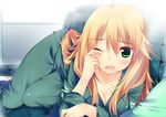  blonde_hair blush breasts cleavage collarbone couch downblouse face green_eyes hoshii_miki idolmaster idolmaster_(classic) kuwashima_rein long_hair lying medium_breasts one_eye_closed open_mouth pajamas pillow solo tears 