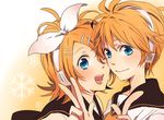  1girl bad_id bad_pixiv_id blonde_hair blue_eyes blush brother_and_sister camelot hair_ornament hair_ribbon hairclip headphones kagamine_len kagamine_rin one_eye_closed open_mouth ribbon short_hair siblings smile twins v vocaloid 