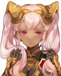  1girl blush breasts cleavage dark_skin fire_emblem fire_emblem_heroes hair_ornament holding holding_hair jurge laevateinn_(fire_emblem_heroes) long_hair nintendo pink_hair pout red_eyes simple_background solo twintails white_background 