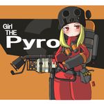  blonde_hair blush bodysuit bullet english flamethrower frown gas_mask long_hair mr_kunimitsu red_eyes solo team_fortress_2 the_pyro weapon 