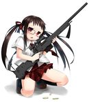  ai_arctic_warfare bad_id bad_pixiv_id bolt_action glasses gun hair_ribbon highres one_knee original ribbon rifle school_uniform scope shell_casing sling sniper_rifle solo tsukumizu_yuu twintails weapon 