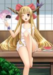  ;d bad_id bad_pixiv_id bare_legs bare_shoulders barefoot blonde_hair bloomers bow camisole chain chiro cuffs fan fang feet food fruit hair_bow horns ibuki_suika kono_lolicon_domome legs long_hair off_shoulder one_eye_closed open_mouth paper_fan porch red_eyes sitting smile solo touhou translated uchiwa underwear underwear_only veranda very_long_hair water watermelon white_bloomers wrist_cuffs 