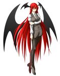  bad_id bad_pixiv_id bat_wings black_legwear bolo_tie full_body head_wings highres holding_arm koakuma long_hair long_sleeves miniskirt niwatazumi pantyhose pencil_skirt red_eyes red_hair shirt simple_background skirt solo touhou vest white_background white_shirt wings 