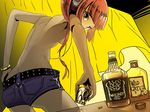  alcohol back bangs blunt_bangs bottle bracelet breasts brown_eyes cat from_behind glass headphones jewelry kanipanda long_hair nekomura_iroha pink_hair ponytail short_shorts shorts small_breasts solo topless underboob vocaloid whiskey 