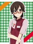  7-eleven bad_id bad_pixiv_id brown_eyes cosplay employee_uniform glasses ikari_manatsu k-on! manabe_nodoka red-framed_eyewear semi-rimless_eyewear short_hair smile solo under-rim_eyewear uniform 