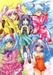  90s animal_costume animal_ears blue_hair blush bow brown_eyes cat_costume closed_eyes dress fake_animal_ears gotou_keiji hair_bobbles hair_bow hair_ornament highres hoshino_ruri kidou_senkan_nadesico long_hair long_sleeves lying pajamas paw_pose pink_hair skirt smile swimsuit traditional_media twintails yellow_eyes 