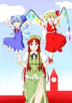  absurdres bad_id bad_pixiv_id balancing blonde_hair blue_eyes blue_hair bow braid cirno fang flandre_scarlet hat highres hong_meiling long_hair multiple_girls niwatazumi open_mouth red_hair ribbon short_hair side_ponytail touhou twin_braids wings 