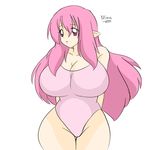  breasts curvy hair_intakes huge_breasts long_hair mound_of_venus one_piece_swimsuit original pink_eyes pink_hair pointy_ears simple_background solo standing swimsuit wide_hips zeon_(pixiv722928) 
