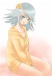  blue_eyes blush flower hair_ornament jacket raine_sage refill_sage sitting smile solo tales_of_(series) tales_of_symphonia 