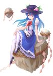  blue_hair food fruit hat hinanawi_tenshi keystone long_hair pantyhose peach red_eyes rock rope shide shimenawa sitting skirt solo touhou white_legwear wudi_de_pangxie 