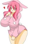  breasts bunny_ears bunny_tail curvy heart hearts hood huge_breasts long_hair original panties pink_eyes pink_hair pink_panties shirt short_skirt simple_background skirt_hold solo standing tongue wide_hips zeon_(pixiv722928) 