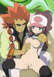  1girl adeku_(pokemon) baseball_cap breasts brown_hair censored hat highres makoto_daikichi medium_breasts pokemon pokemon_(game) pokemon_bw ponytail pussy thighhighs touko_(pokemon) 