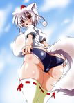  animal_ears ass blush breasts buruma fang from_behind gigantic_breasts gym_uniform impossible_clothes impossible_shirt inubashiri_momiji looking_at_viewer looking_back oobashin open_mouth panties panties_under_buruma red_eyes shirt short_hair solo striped striped_panties tail thighhighs touhou underwear white_hair white_legwear wolf_ears wolf_tail 