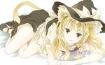  animal_ears apron bad_id bad_pixiv_id blonde_hair blush bow braid brown_eyes cat_ears cat_tail dress frills hair_bow hair_ornament hat kirisame_marisa licking lying on_side solo tail tongue touhou wavy_hair witch_hat yatomi 