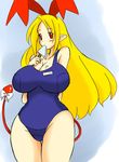  adult blonde_hair breasts curvy demon demon_tail disgaea eating flonne flonne_(fallen_angel) food hair_ornament huge_breasts ice_cream icicle mound_of_venus one_piece_swimsuit pointy_ears red_eyes school_swimsuit sexually_suggestive standing swimsuit tail wide_hips zeon_(pixiv722928) 