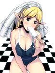 bad_id bad_pixiv_id blonde_hair blue_eyes blush breasts checkered cleavage covered_nipples cowboy_shot dripping food large_breasts masao one-piece_swimsuit original plump pointy_ears popsicle school_swimsuit sexually_suggestive simple_background solo swimsuit veil 