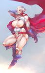  absurdres adjusting_hair belt big_breasts blonde_hair boots breasts brown_eyes cape dc_comics female flying gloves highres homex large_breasts leotard muscle muscular nipples power_girl short_hair solo 