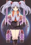  90s gotou_keiji hoshino_ruri kidou_senkan_nadesico long_hair long_sleeves miniskirt official_art pencil_skirt planet praying silver_hair skirt solo space_craft twintails yellow_eyes 