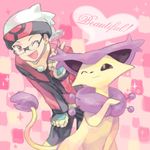  bespectacled black_hair cat delcatty english fingerless_gloves gen_3_pokemon glasses gloves hair_brush hat one_eye_closed pokemon pokemon_(creature) pokemon_special red_eyes ruby_(pokemon) smile sparkle yapo_(mess) 