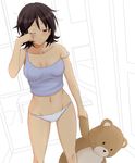  amagami bare_legs blush breasts cleavage groin medium_breasts midriff navel no_pants off_shoulder panties rubbing_eyes short_hair sleepy solo strap_slip stuffed_animal stuffed_toy takahashi_maya teddy_bear toki_(tokihakashi) underwear white_panties 