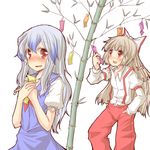  bamboo blue_hair blush brush calligraphy_brush fujiwara_no_mokou hands_on_own_chest kamishirasawa_keine long_hair multiple_girls natsuk no_hat no_headwear open_mouth paintbrush silver_hair smile suspenders tanabata touhou very_long_hair 