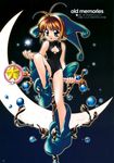  1girl absurdres blue_hat brown_hair card_captor_sakura cardcaptor_sakura child crescent crescent_moon green_eyes hat highres hoshi_no_tsue kichiemo kinomoto_sakura leotard magical_girl moon riding short_hair solo spade 