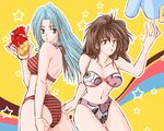  2girls ass bare_shoulders bikini blue_eyes blue_hair botan_(yu_yu_hakusho) botan_(yuu_yuu_hakusho) brown_eyes brown_hair drink female flower glass jun_(pixiv2485586) long_hair looking_back midriff multiple_girls straw swimsuit yu_yu_hakusho yukimura_keiko yuu_yuu_hakusho 