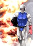  bomb bomberman explosion helmet highres male_focus mittens muscle nishiide_kengorou solo walking white_bomberman 