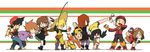  5boys backwards_hat blue_(pokemon) brown_hair crystal_(pokemon) cue_stick fishing_rod gold_(pokemon) hat highres holding holding_fishing_rod holding_poke_ball long_hair long_image multiple_boys multiple_girls odamaki_sapphire ookido_green poke_ball pokemon pokemon_special red_(pokemon) ruby_(pokemon) silver_(pokemon) usikani waist_poke_ball wide_image yellow_(pokemon) 