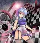 adapted_costume ahoge american_mcgee's_alice bad_id bad_pixiv_id blue_hair bow braid checkered clock dual_wielding garter_straps gears hair_bow holding izayoi_sakuya knife red_eyes solo sumapan thighhighs touhou twin_braids 