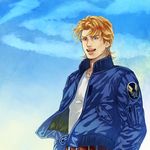  bad_id bad_pixiv_id blonde_hair blue_eyes blue_jacket bomber_jacket jacket keith_goodman male_focus neopara sky solo tiger_&amp;_bunny 