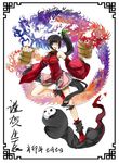  303682576_(pixiv1788244) absurdres arakune arc_system_works black_eyes black_hair blazblue blazblue:_calamity_trigger china_dress chinadress chinese_clothes detached_sleeves dress female food glasses guilty_gear highres kuradoberi_jam kuradoberi_jam_(cosplay) lao_jiu litchi_faye_ling long_hair miniskirt mizukiyan panda ponytail skirt very_long_hair wink 