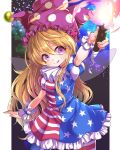  1girl :q american_flag_legwear american_flag_shirt american_flag_skirt arm_up blonde_hair clownpiece contrapposto fairy_wings frilled_skirt frills hair_between_eyes hat head_tilt highres holding_torch jester_cap long_hair looking_at_viewer nebula neck_ruff outstretched_arm puffy_short_sleeves puffy_sleeves purple_eyes short_sleeves skirt solo space star star_(sky) tongue tongue_out torch touhou very_long_hair wikumi wings wrist_cuffs 