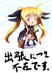  black_gloves black_legwear blonde_hair blush_stickers cape chibi closed_eyes diesel-turbo fate_testarossa gloves hair_ribbon long_hair luggage lyrical_nanoha mahou_shoujo_lyrical_nanoha mahou_shoujo_lyrical_nanoha_the_movie_1st md5_mismatch open_mouth ribbon solo thighhighs translation_request twintails watch wristwatch 