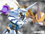  antibody armor cannon digimon digimon_adventure digimon_x_evolution fog fusion horn mantle metal_body metal_garurumon no_humans omegamon omnimon robot royal_knights shield spikes war_greymon warrior yellow_eyes 