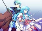  aqua_eyes aqua_hair armor belt blue_eyes blue_hair boots bracelet brother_and_sister cape eirika ephraim fingerless_gloves fire_emblem fire_emblem:_seima_no_kouseki fire_emblem_sacred_stones gloves green_eyes green_hair holding jewelry long_hair lowres polearm prince princess serious short_hair siblings skirt sword thigh_boots thighhighs weapon 