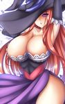  armpits arms_up bad_id bad_pixiv_id breasts cleavage dragon's_crown hat hat_over_one_eye huge_breasts long_hair mikan_(5555) purple_eyes red_hair side_slit solo sorceress_(dragon's_crown) witch_hat 
