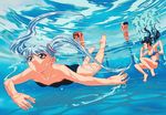  90s air_bubble bangs bare_shoulders barefoot bent_over bikini black_hair black_swimsuit blue_bikini blue_hair brown_hair bubble caustics floating_hair from_below gotou_keiji holding_breath hoshino_ruri kidou_senkan_nadesico leaning_forward long_hair looking_away misumaru_yurika multiple_girls nose_pinch official_art one-piece_swimsuit parted_lips plantar_flexion pool short_hair strapless submerged swimming swimsuit twintails underwater very_long_hair 