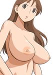  :o breasts brown_eyes brown_hair huge_breasts kamisama_dolls nipples nude shiba_hibino simple_background solo yougasu 
