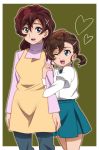  2girls ;d apron arm_hug blue_eyes blue_pants blue_skirt brown_hair gegege_no_kitarou green_background hair_between_eyes hair_ornament hairclip heart inuyama_junko inuyama_mana long_hair long_sleeves looking_at_another miniskirt mole mole_under_mouth mother_and_daughter multiple_girls official_style one_eye_closed onomekaman open_mouth pants pink_sweater puffy_long_sleeves puffy_sleeves school_uniform shirt short_hair short_ponytail skirt smile sweater white_shirt x_hair_ornament 