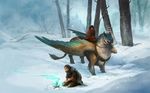  avian back_hair beak blue_eyes blue_feathers blue_flame body_hair brown brown_clothing brown_feathers brown_fur brown_hair campfire cloak feral fire forest fur group gryphon hair harness human mammal mount outside red_cloak riding sandara scenery snow tree wings wood 