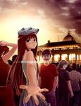  beckoning blue_eyes blush brown_hair dress evening foreshortening guy_fawkes_mask hand_in_pocket hand_on_head hands highres lens_flare long_hair mask misakamitoko0903 outstretched_hand sky solo_focus v_for_vendetta 